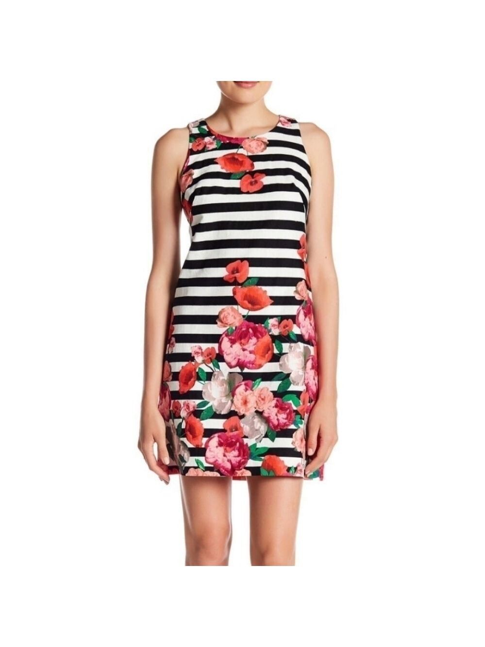 Sleeveless Sheath Dress Womens 6 Floral Striped Black and White Spring Party